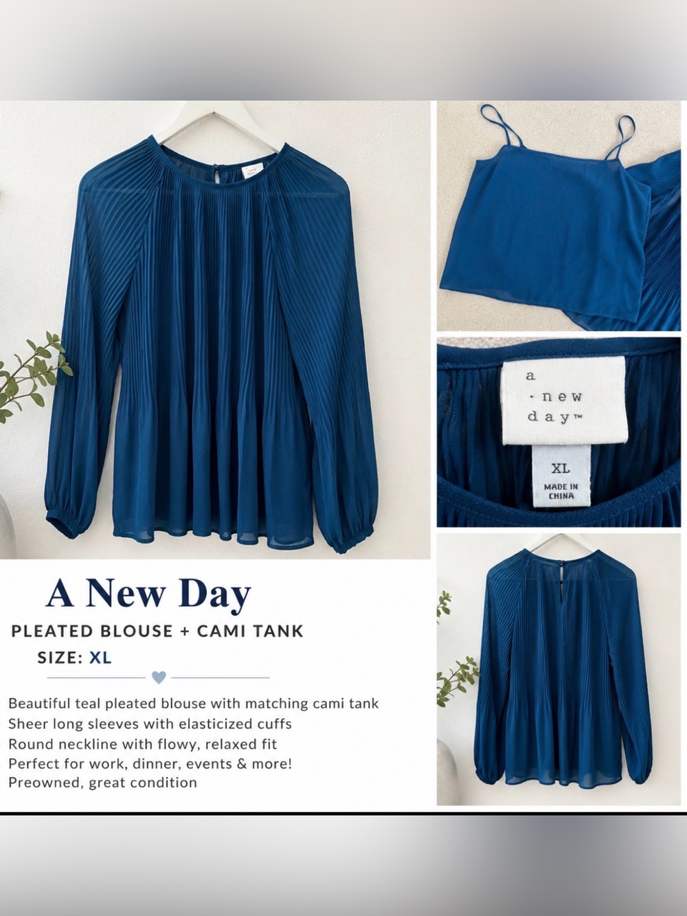 a new day Blue Pleated Blouse with Matching Cami